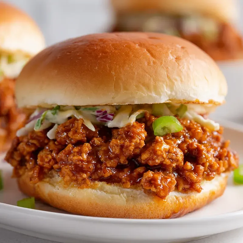 Close-up of cajun chicken sloppy joes on white plate