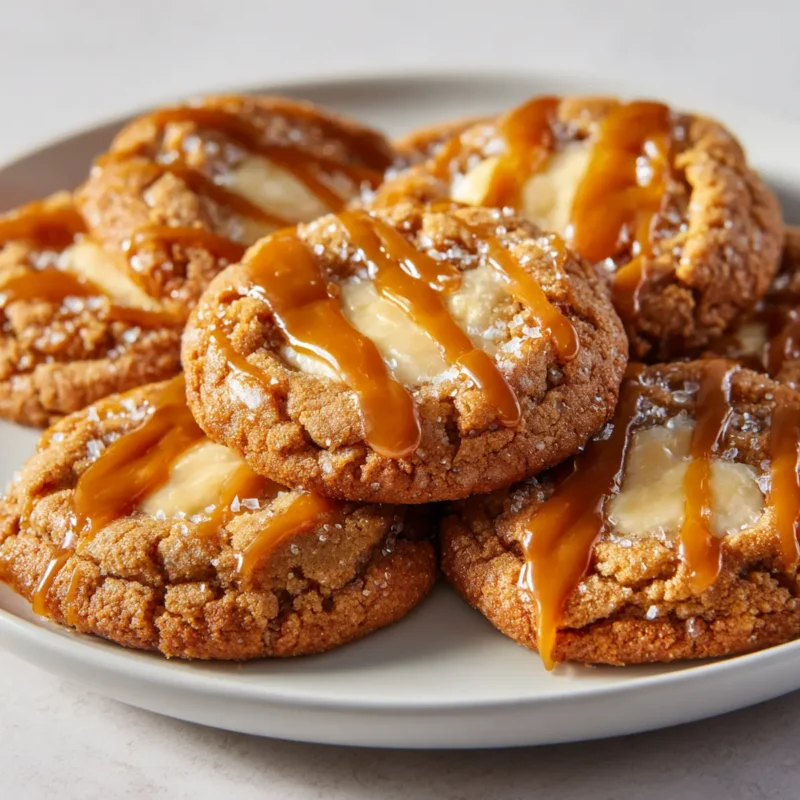 Caramel cheesecake cookies on a white plate with glossy caramel drizzle, one cookie bitten to reveal creamy filling.