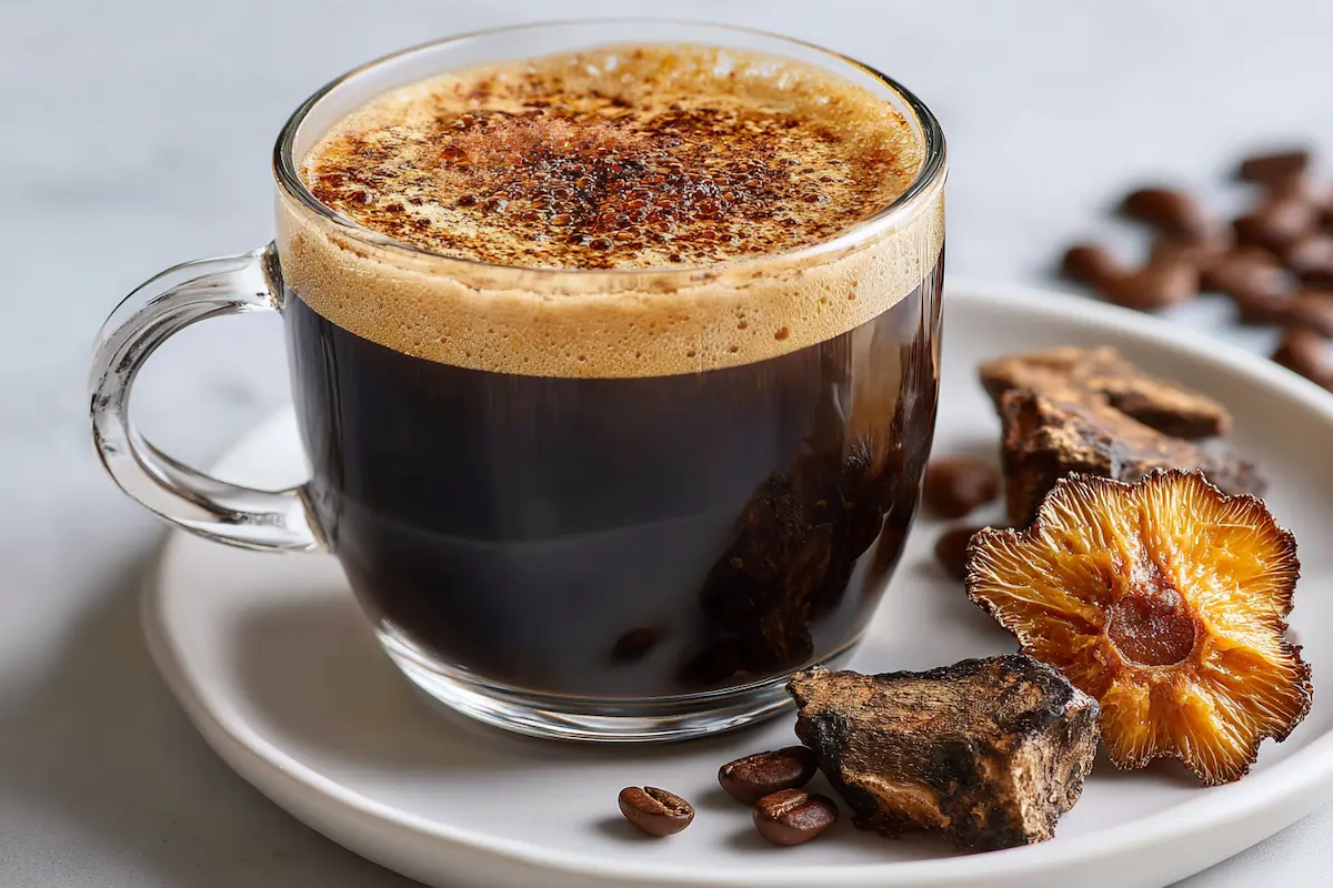 Chaga mushroom coffee served in a clear glass mug Chaga mushroom coffee served in a clear glass mug