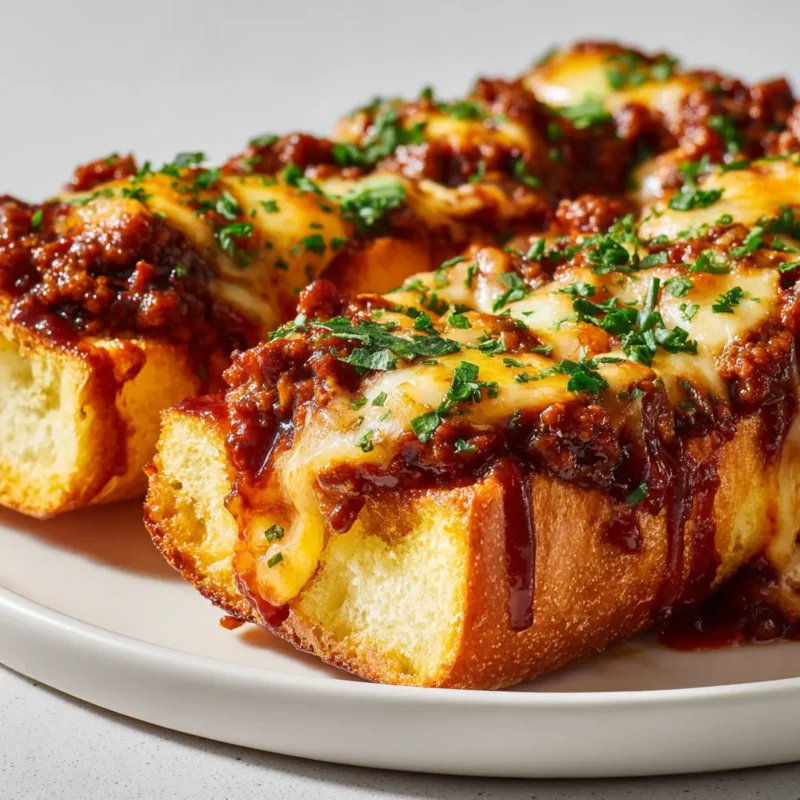 Close-up of cheesy sloppy joe garlic bread on white plate