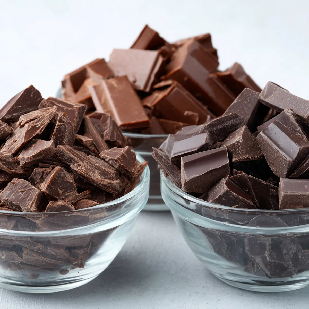 Chopped chocolate in three glass bowls labeled by cocoa percentage for ganache drip comparison Chopped chocolate in three glass bowls labeled by cocoa percentage for ganache drip comparison