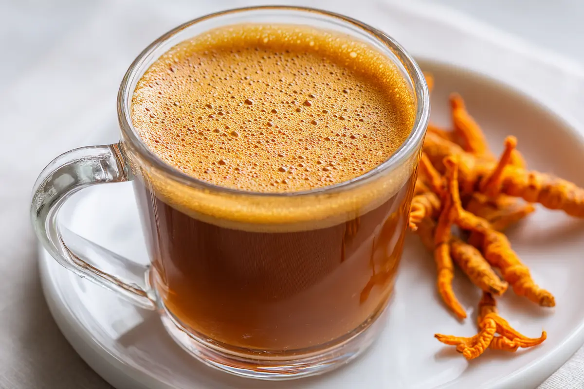 Cordyceps mushroom coffee served in a clear glass mug on a white plate Cordyceps mushroom coffee served in a clear glass mug on a white plate