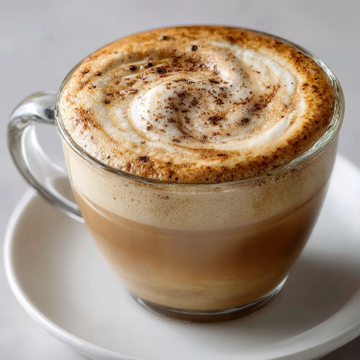Frothy mushroom coffee latte in a glass mug with cinnamon on top