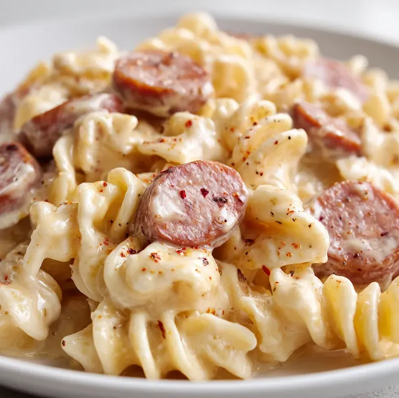 Close-up of creamy crockpot kielbasa pasta on white plate