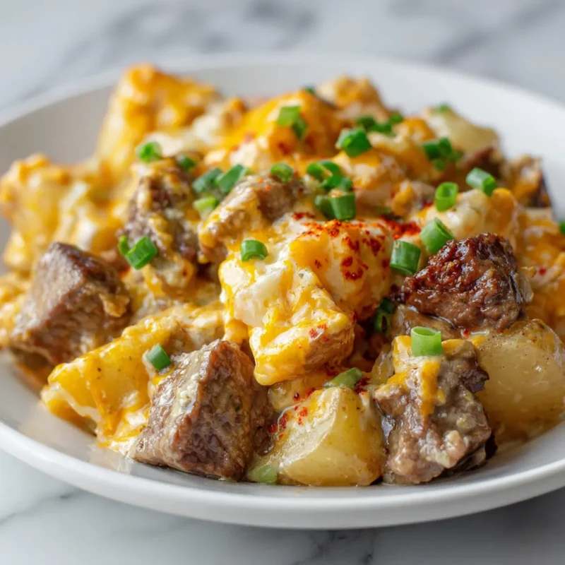 Close-up of crockpot loaded steak and potato bake on white plate.
