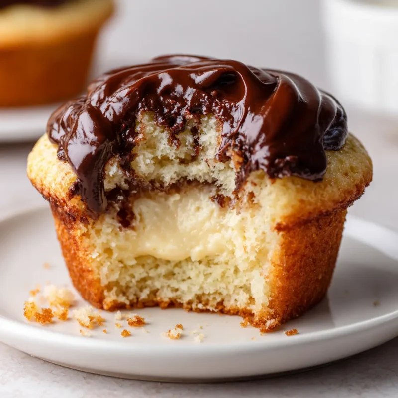 Easy Boston cream pie cupcakes with cake mix on white marble counter with one cupcake cut open to show vanilla pudding filling