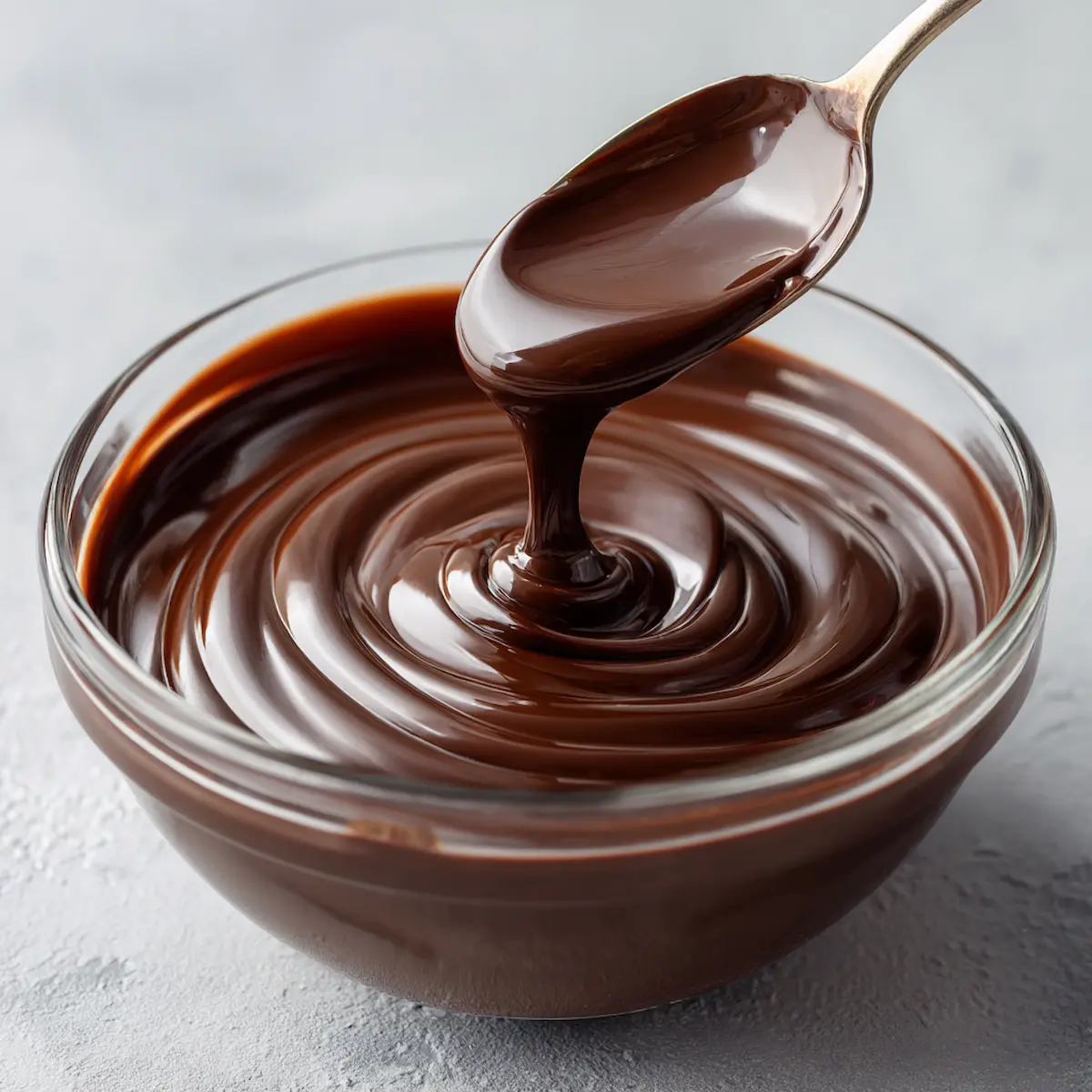 Glossy chocolate ganache being stirred in glass bowl for sponge buttercream ganache cake topping Glossy chocolate ganache being stirred in glass bowl for sponge buttercream ganache cake topping