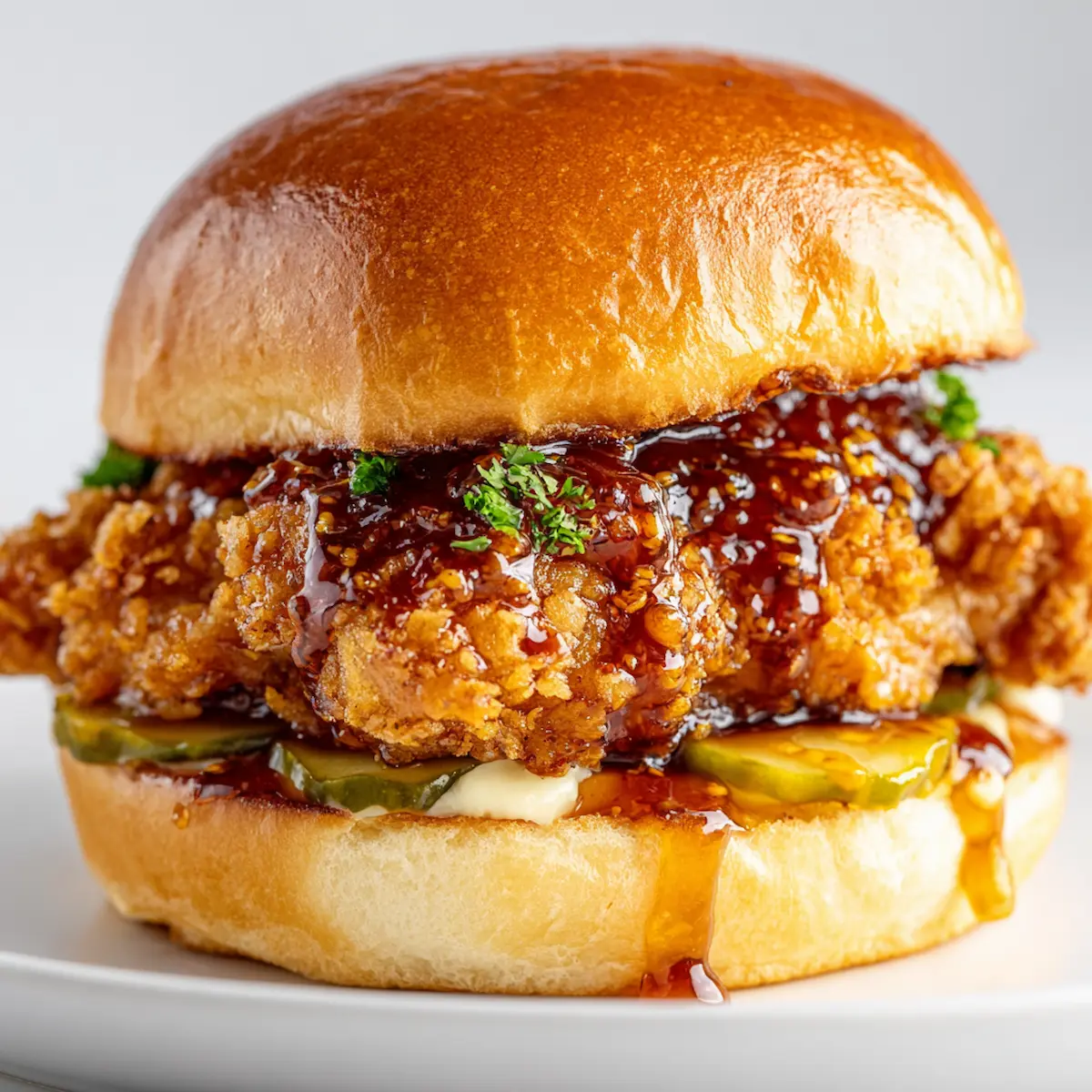 crispy hot honey garlic chicken sliders on a white plate against a clean white background, featuring a golden cornflake-crusted chicken thigh coated in glossy honey-buffalo glaze, with spicy mayo and dill pickles inside a toasted slider bun