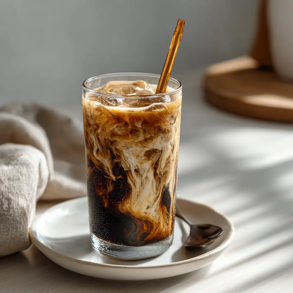 Tall glass of iced mushroom coffee with milk swirls and a straw, sitting in sunlight on a wooden kitchen table