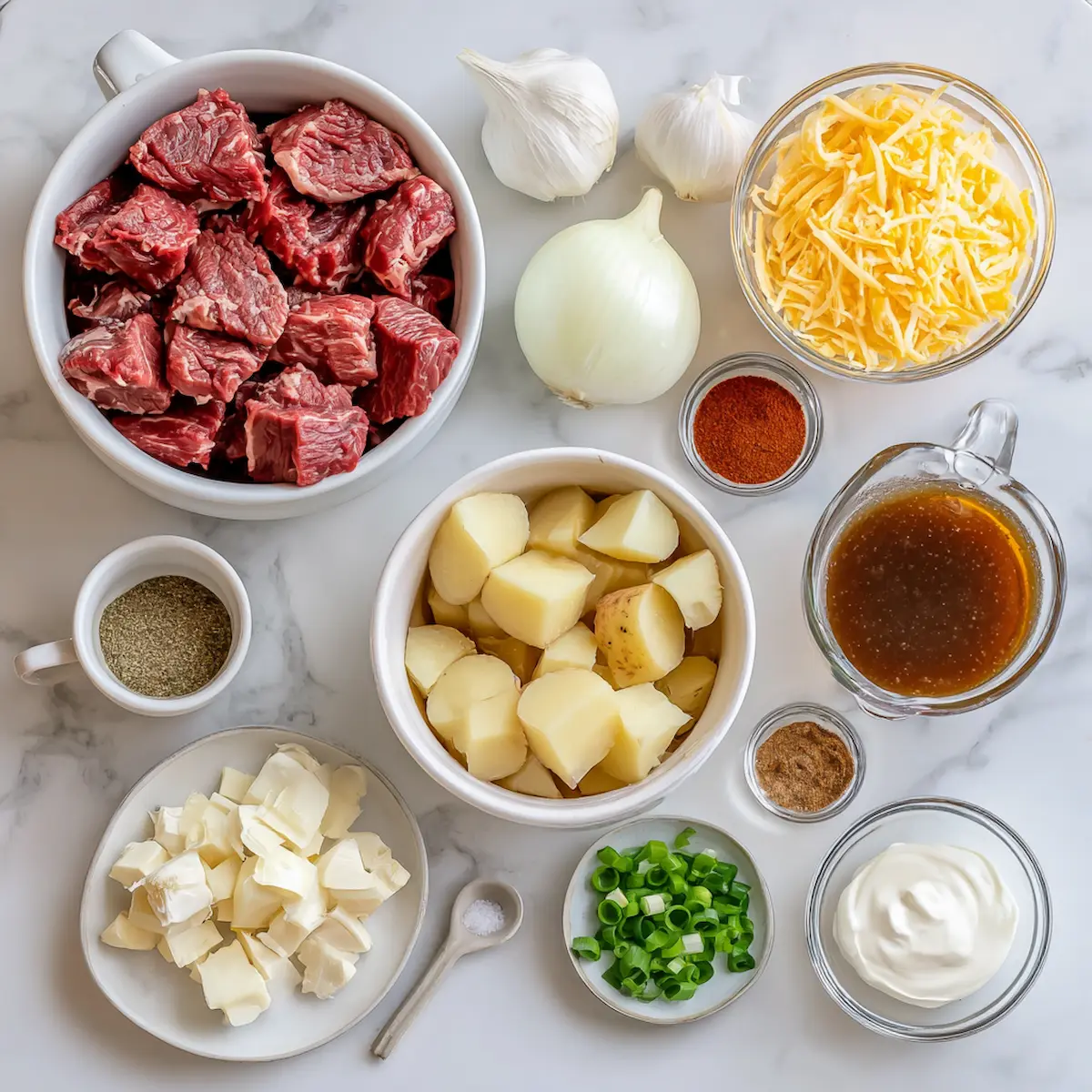 Ingredients for Crockpot loaded steak and potato bake Ingredients for Crockpot loaded steak and potato bake