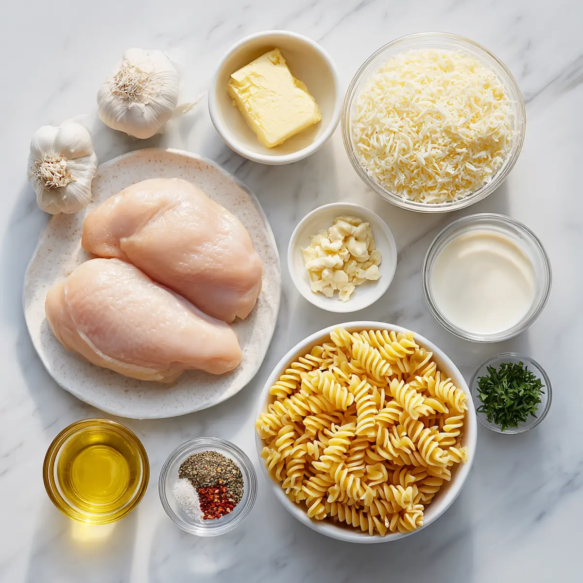 Ingredients for creamy garlic butter chicken and rotini in parmesan sauce