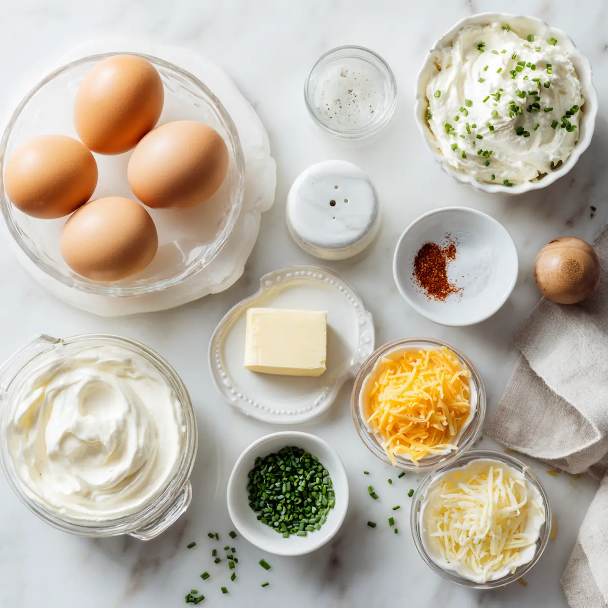 Ingredients for scrambled eggs with sour cream Sour cream in scrambled eggs with other ingredients