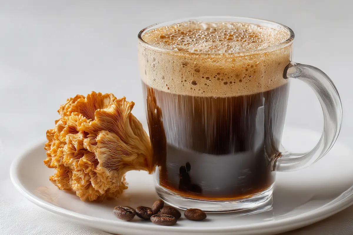 Lion’s Mane mushroom coffee served in a clear glass mug on a white plate Lion’s Mane mushroom coffee served in a clear glass mug on a white plate