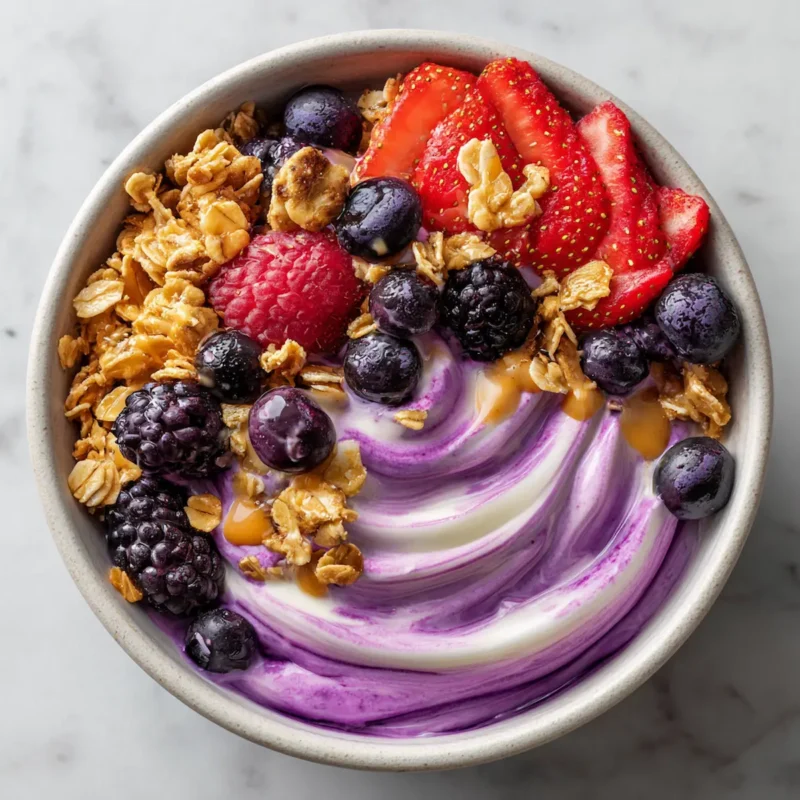 Close-up of maqui purple peel yogurt bowl on white plate