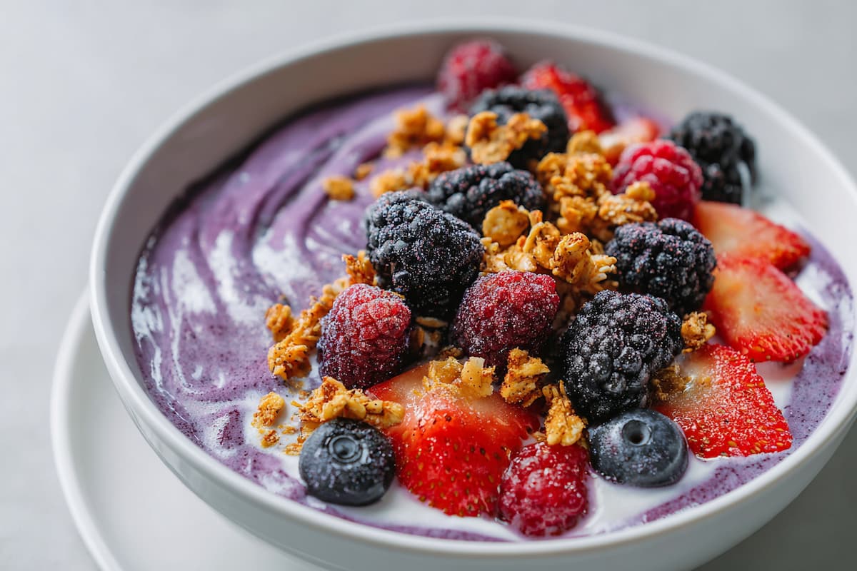Maqui yogurt bowl topped with fruit and granola Colorful yogurt bowl with maqui powder, fresh berries, and crunchy granola.