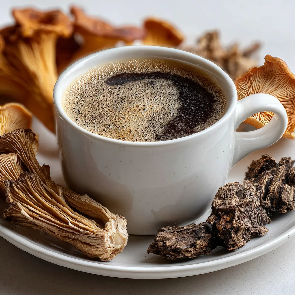 A cup of mushroom coffee surrounded by Reishi, Lion’s Mane, and Chaga mushrooms, representing key ingredients linked to mushroom coffee benefits.