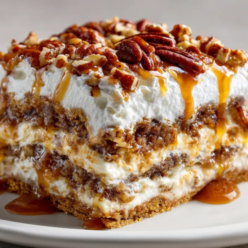 Close-up of a layered Pecan Pie Lasagna dessert on a white plate, showing creamy cheesecake, gooey pecan filling, and fluffy Cool Whip topping