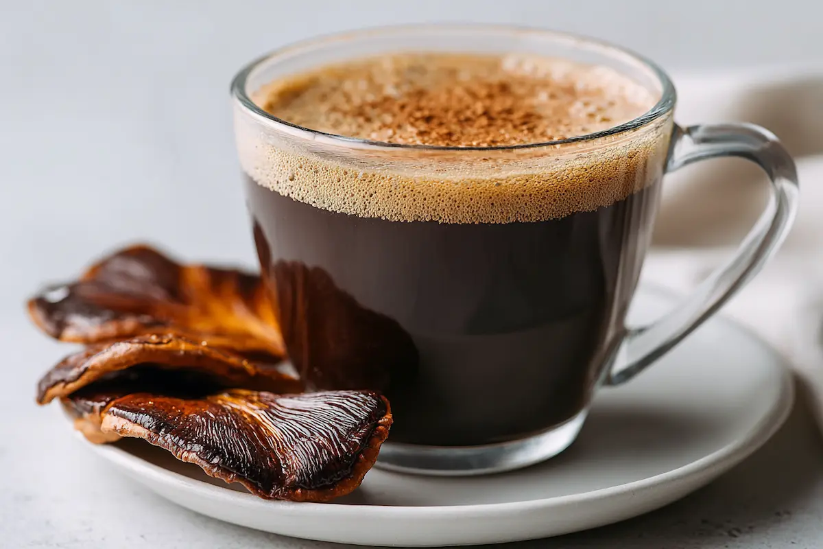 Reishi mushroom coffee served in a clear glass mug on a white plate Reishi mushroom coffee served in a clear glass mug on a white plate