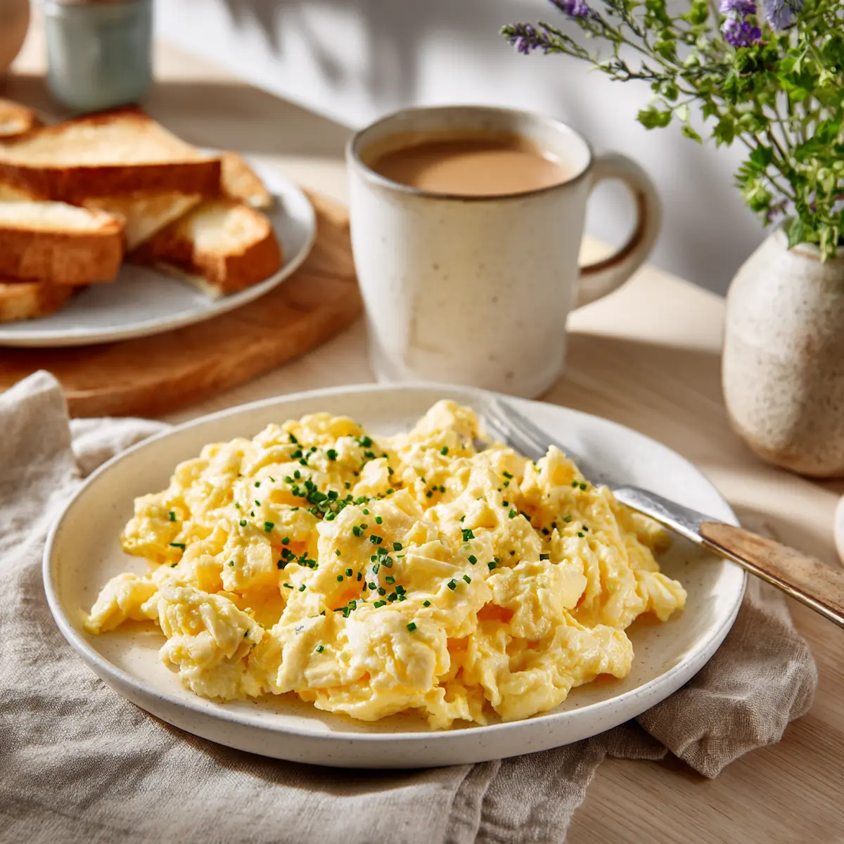 Sour cream in scrambled eggs in breakfast setup Sour cream in scrambled eggs in breakfast setup