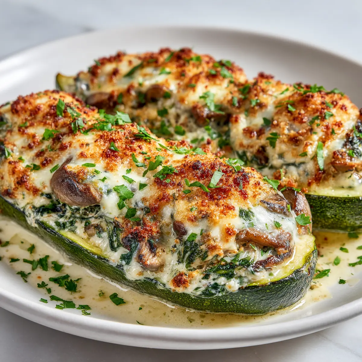 Spinach mushroom and ricotta stuffed zucchini boats served on a white plate, topped with golden melted cheese and crispy breadcrumbs, captured in a close-up at a 45-degree angle.