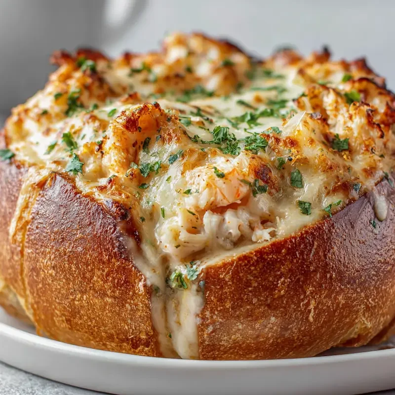 Close-up of stuffed seafood bread bowl on white plate