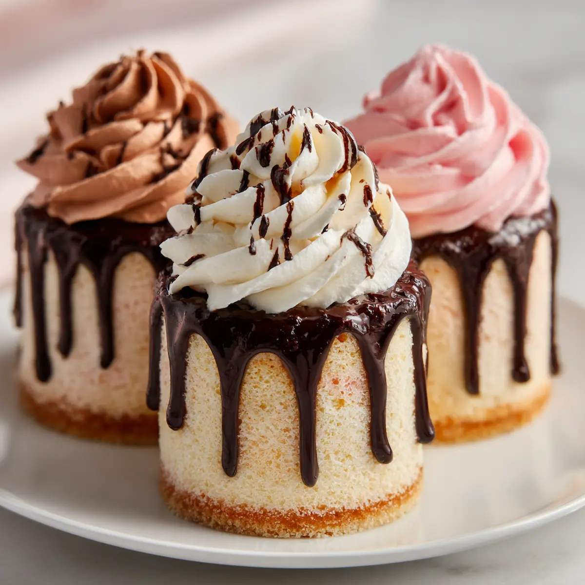Three flavor variations of sponge buttercream ganache cake decorated with swirl toppings Three flavor variations of sponge buttercream ganache cake decorated with swirl toppings