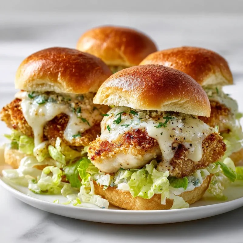 Close-up of chicken parm Caesar salad sliders on white plate