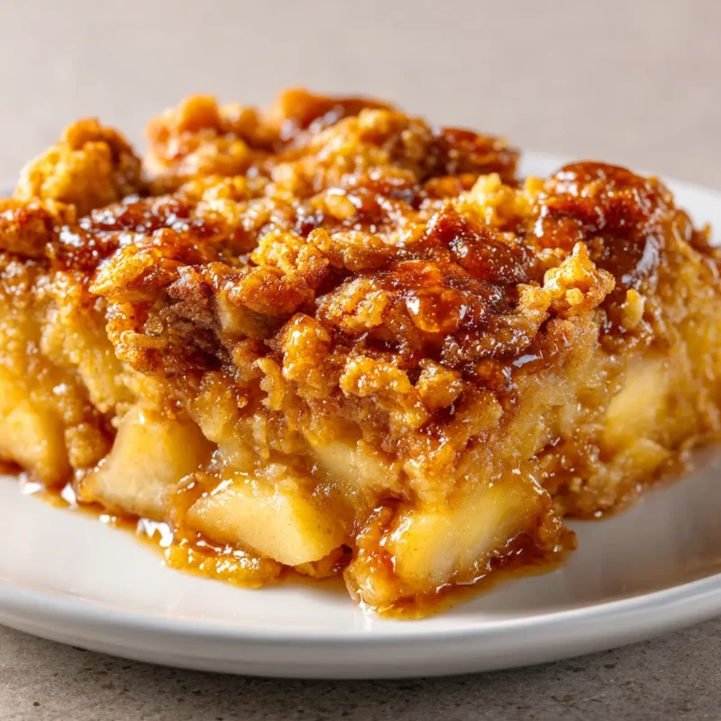Close-up of cinnamon toast crunch apple dump cake with a glossy, crumbly cereal topping and gooey apple filling on a white plate.