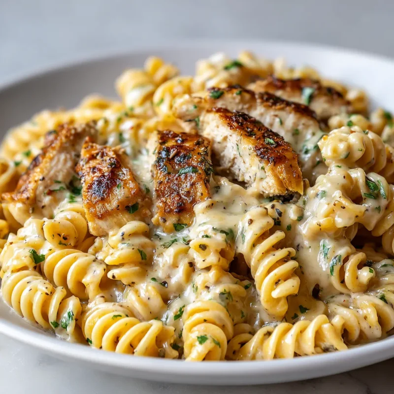 Close-up of creamy garlic butter chicken and rotini on white plate