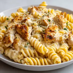 creamy garlic butter chicken and rotini in parmesan sauce recipe