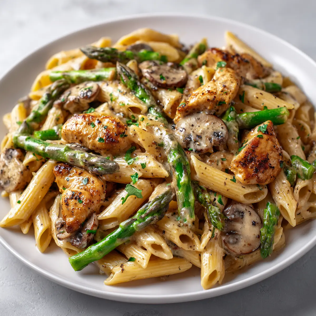 Close-up of creamy mushroom and asparagus chicken penne with golden chicken, sautéed mushrooms, and asparagus in a rich Parmesan sauce on a white plate.