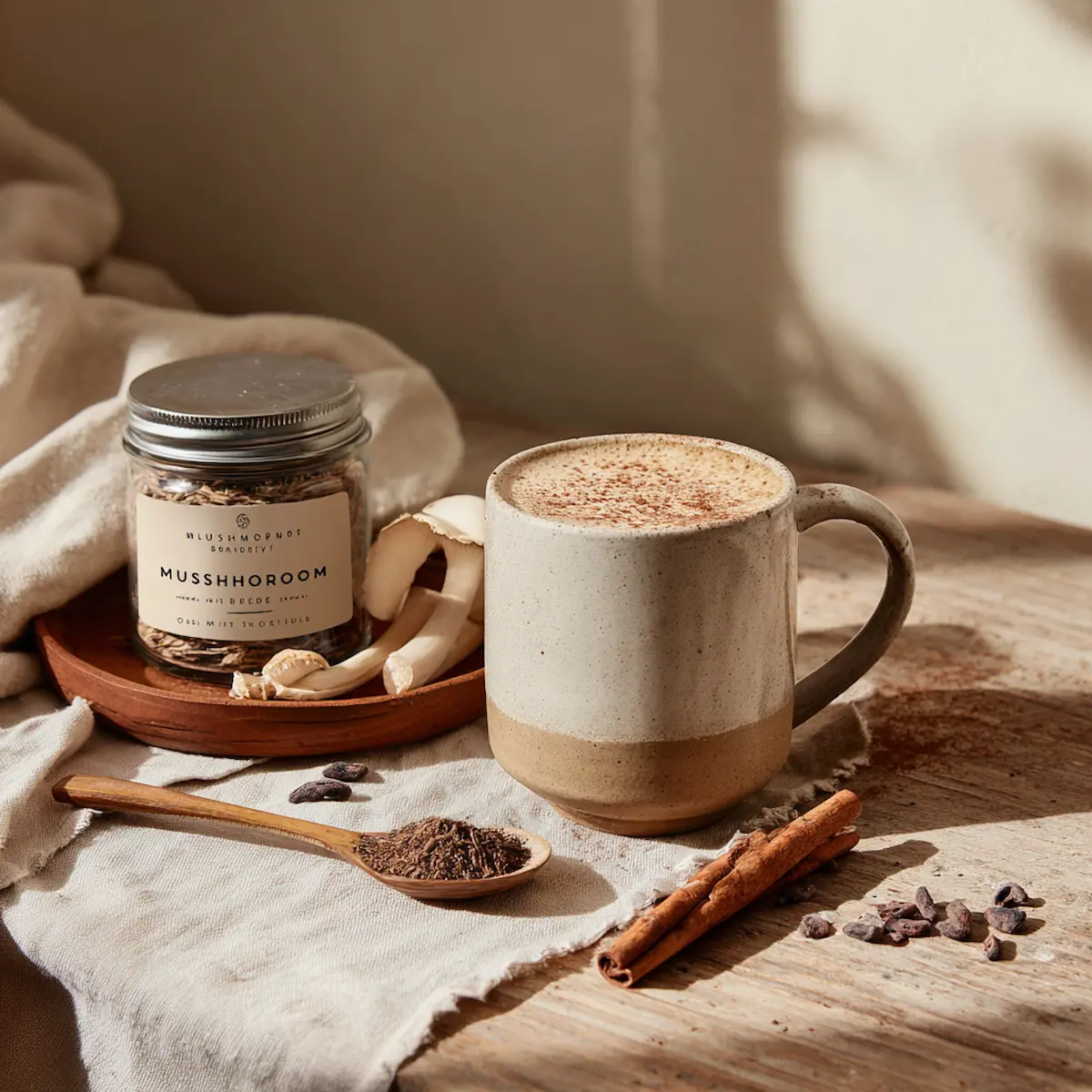 Cozy setup with a steaming mug and a jar of diy mushroom coffee blend on a rustic table, surrounded by cinnamon and cacao for flavor.