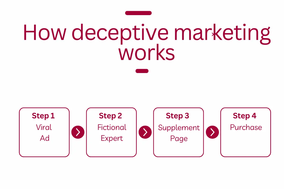 how deceptive marketing works Visual flowchart showing the scam ad funnel: Viral ad leads to fake doctor, then to supplement sales page.
