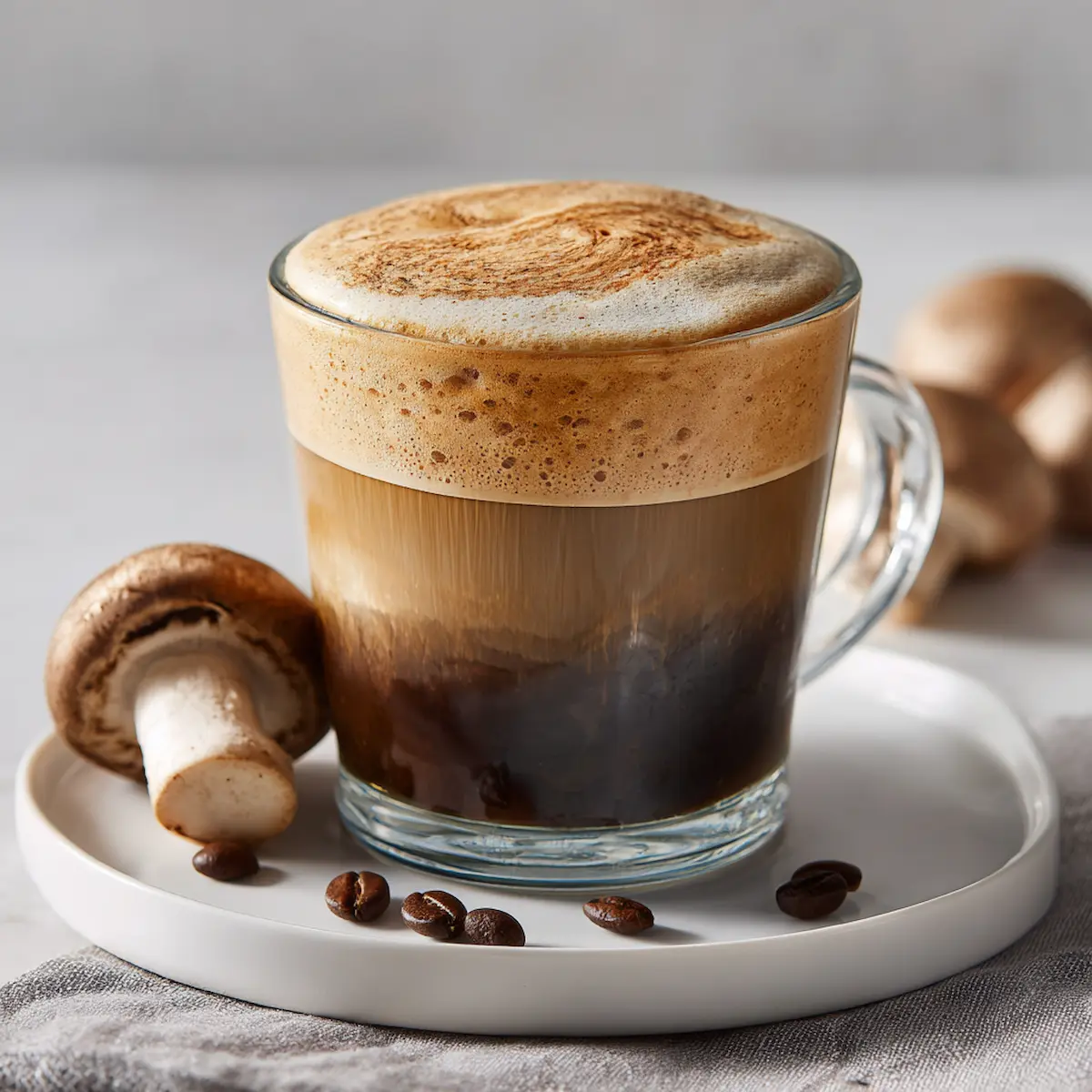Frothy mushroom coffee recipe served in a glass mug with real mushrooms and coffee beans.