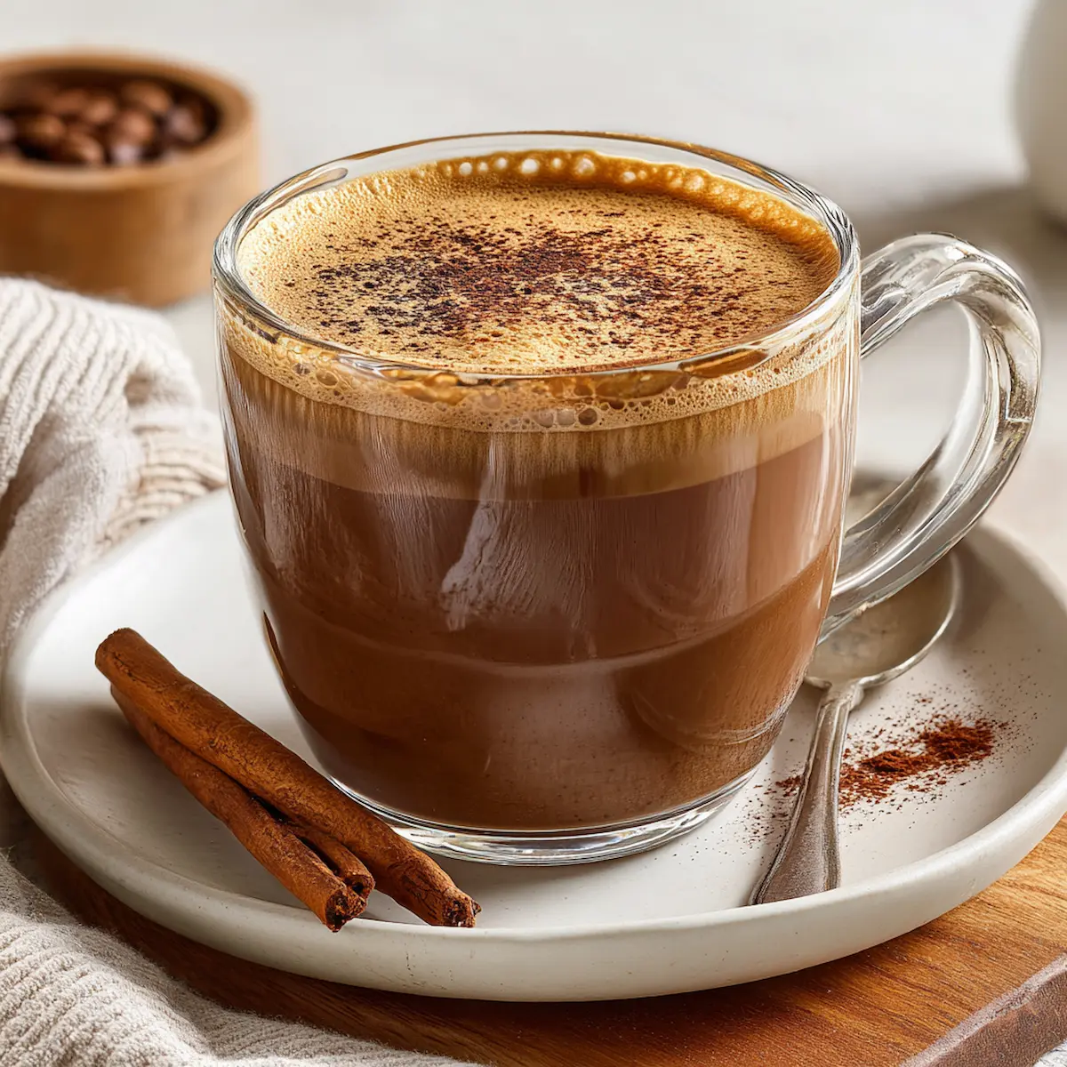 A creamy mushroom mocha coffee in a clear mug with cinnamon and cacao powder beside it illustrating how to make mushroom coffee taste good.