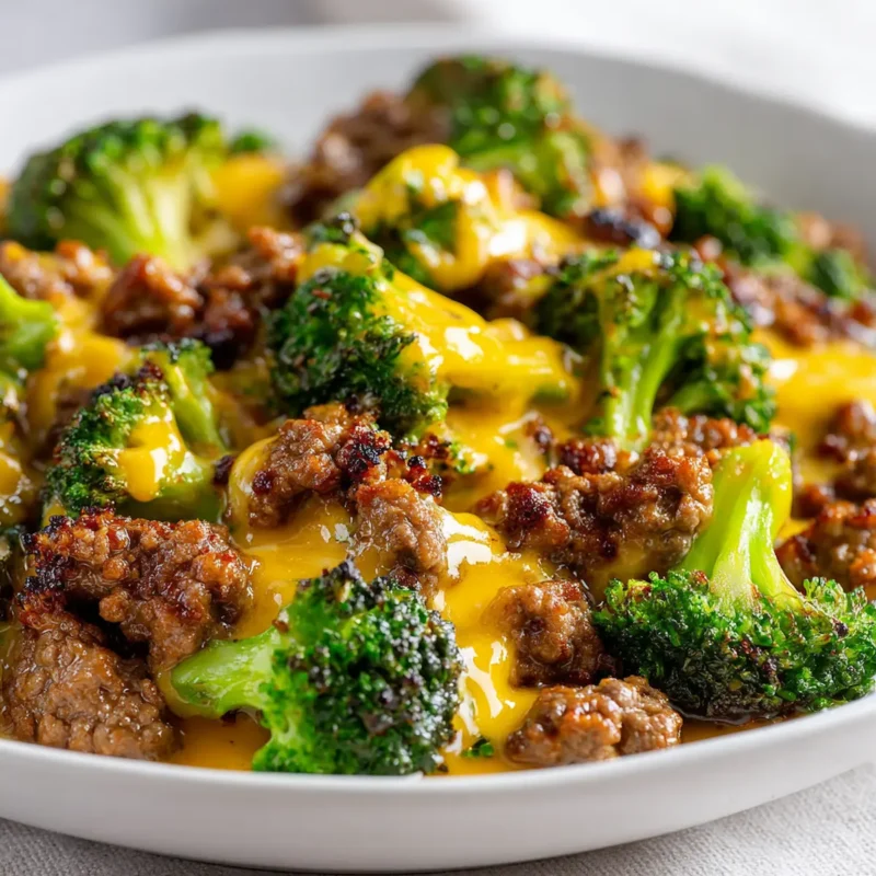 Close-up of keto hamburger and broccoli skillet on white plate