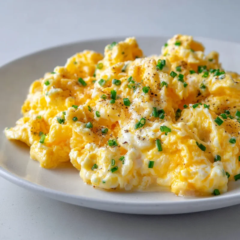 Close-up of creamy scrambled eggs with sour cream, garnished with chives, on a white plate.