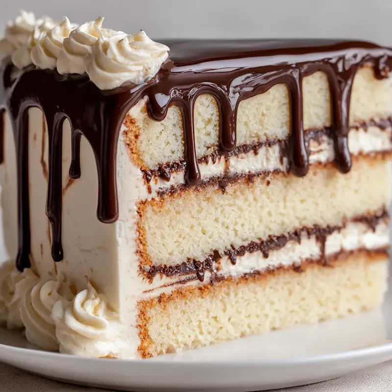 Tall sponge buttercream ganache cake with chocolate drip and slice lifted out on white cake stand