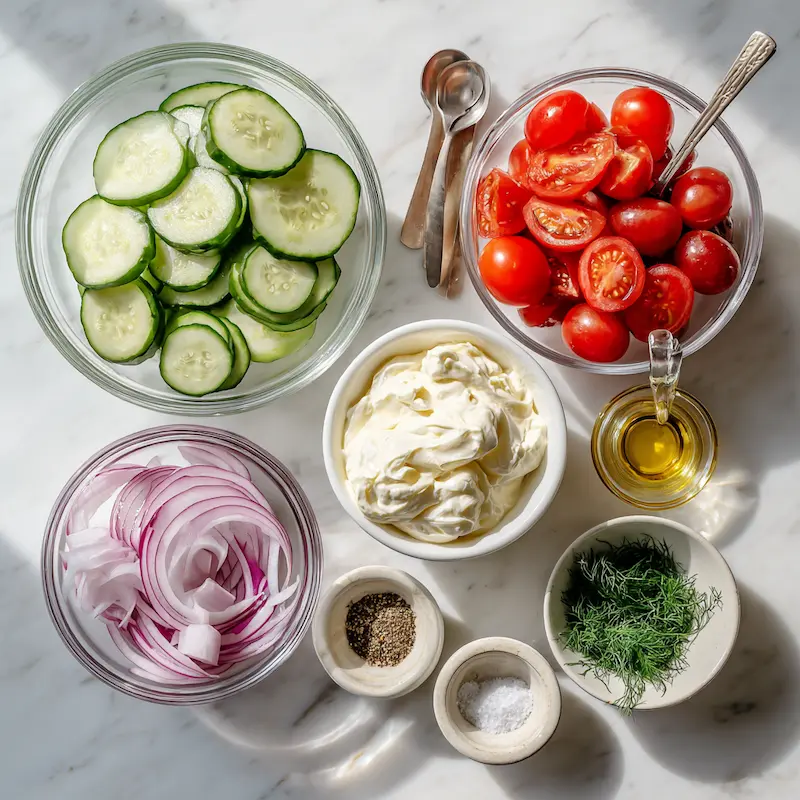 Creamy Cucumber Tomato Salad ingredients