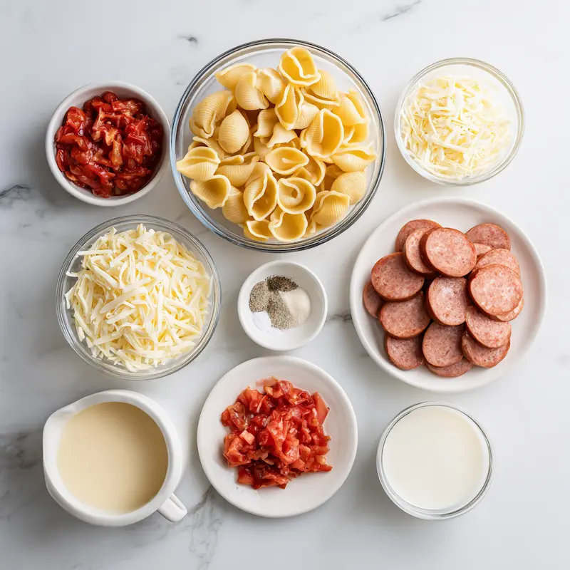 No-Boil Pasta Kielbasa Bake - One Pan ingredients No-Boil Pasta Kielbasa Bake - One Pan ingredients