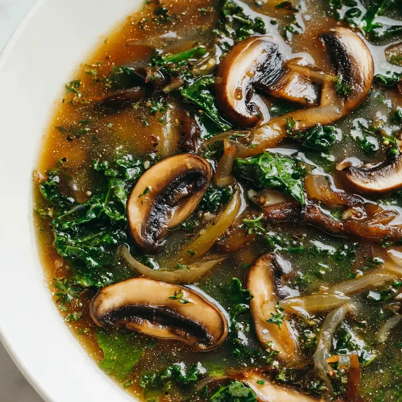 Wild Mushroom Caramelized Onion and Kale Soup