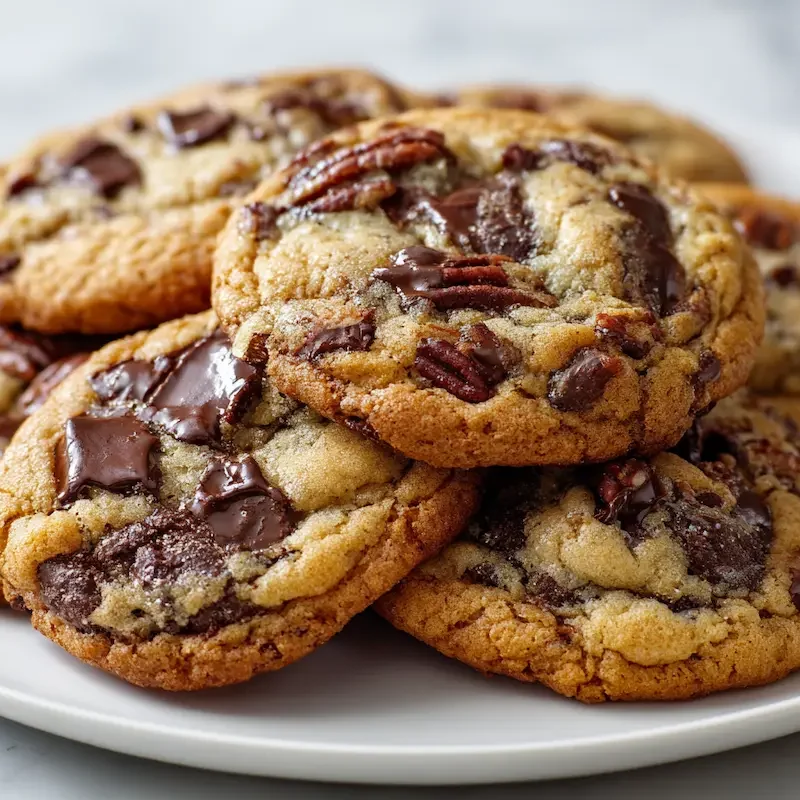 Close-up of chocolate chip pecan cookies on white plate