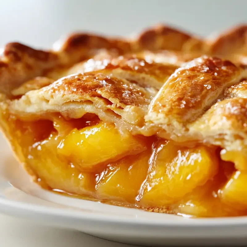 Close-up of peach pie with canned peaches on white plate
