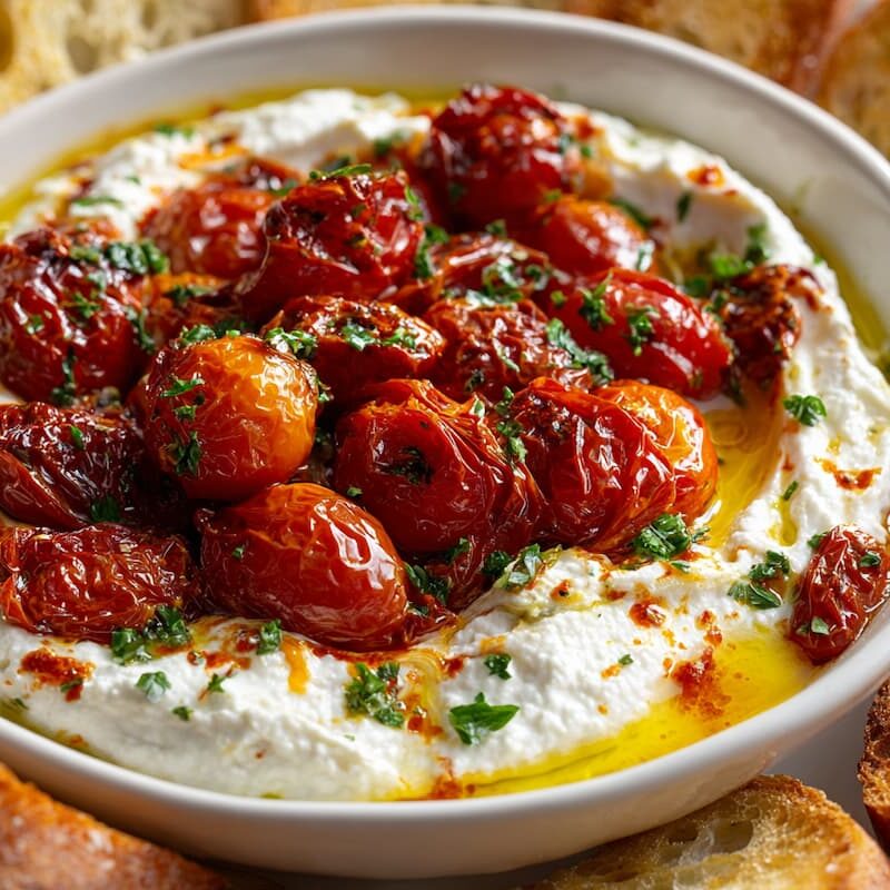 Close-up of roasted tomato burrata dip on white plate