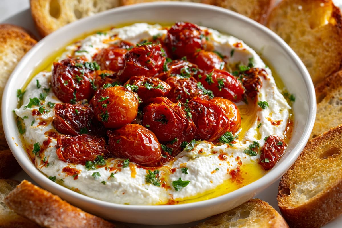 Roasted Tomato Burrata Dip With Garlic Bread Crostinis