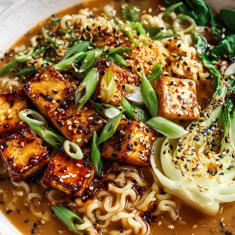 Close-up of vegan miso ramen on white plate