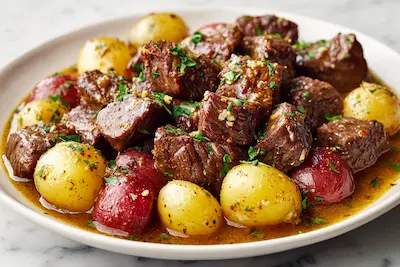 Crockpot Garlic Butter Beef Bites with Potatoes recipe