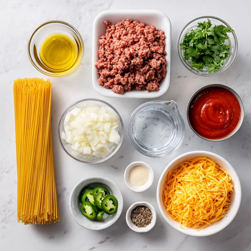 One-Pot Taco Spaghetti ingredients