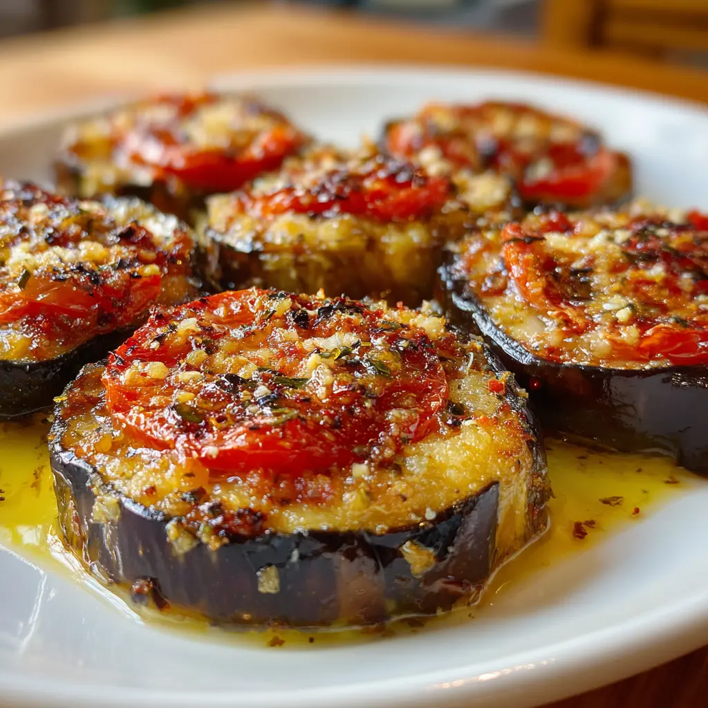 Roasted eggplant slices topped with tomato, garlic, and herbs in a baking dish.