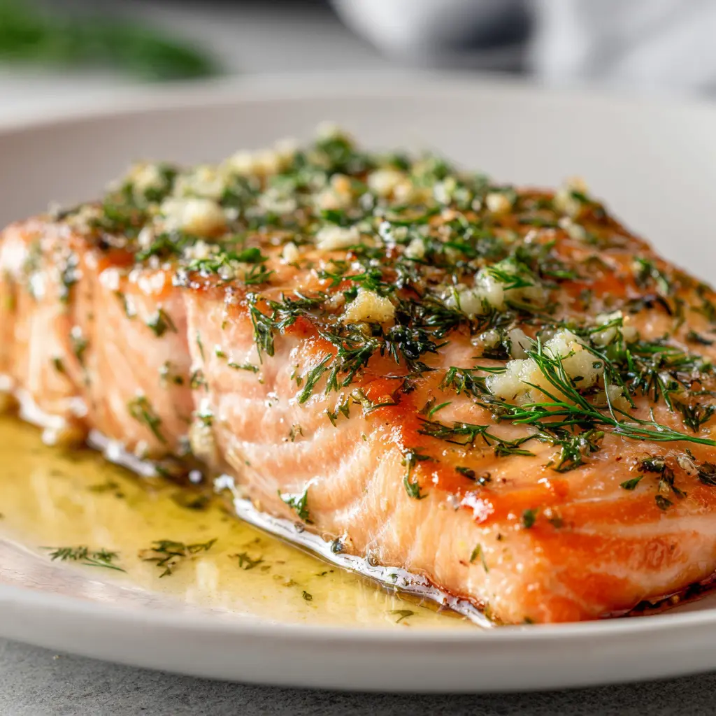 Flaky salmon fillets baked with herbs and lemon slices on parchment.